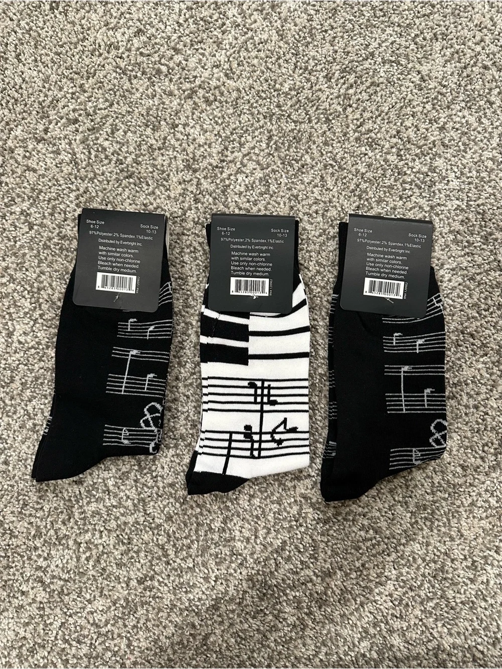 NWT Everbright Music Notes Piano Keys Novelty Socks 3 Pack